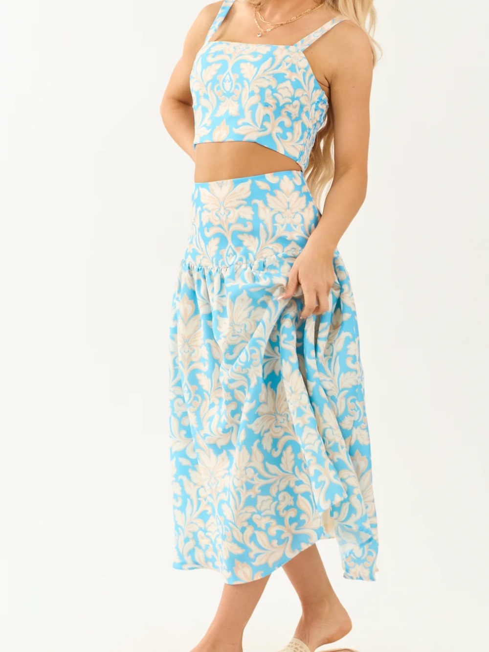 NWT Flying Tomato Cornflower Crop Top and Midi Skirt Set Blue Cream Floral large